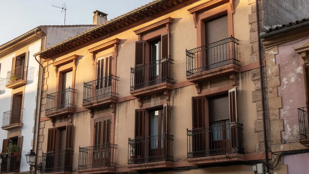 Fachada típica de edificio residencial español con balcones de forja