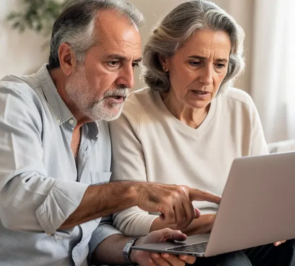 Pareja española consultando valoración inmobiliaria en ordenador portátil