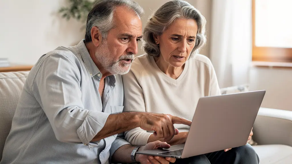 Pareja española consultando valoración inmobiliaria en ordenador portátil