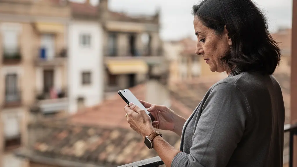 Propietaria consultando tasación online en smartphone desde terraza de piso español