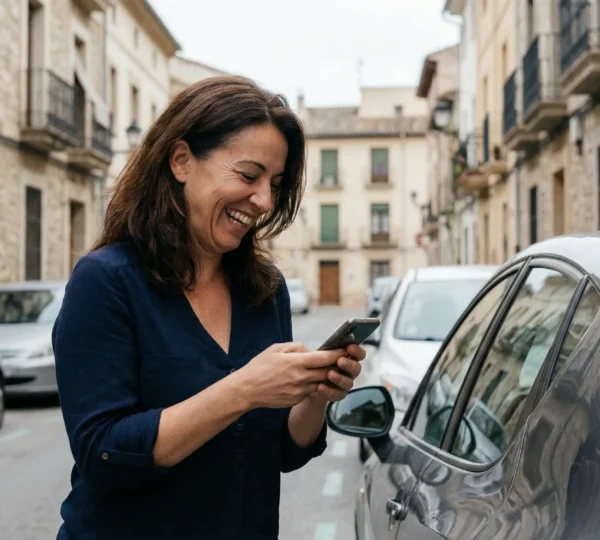 Mujer consulta seguro coche en móvil