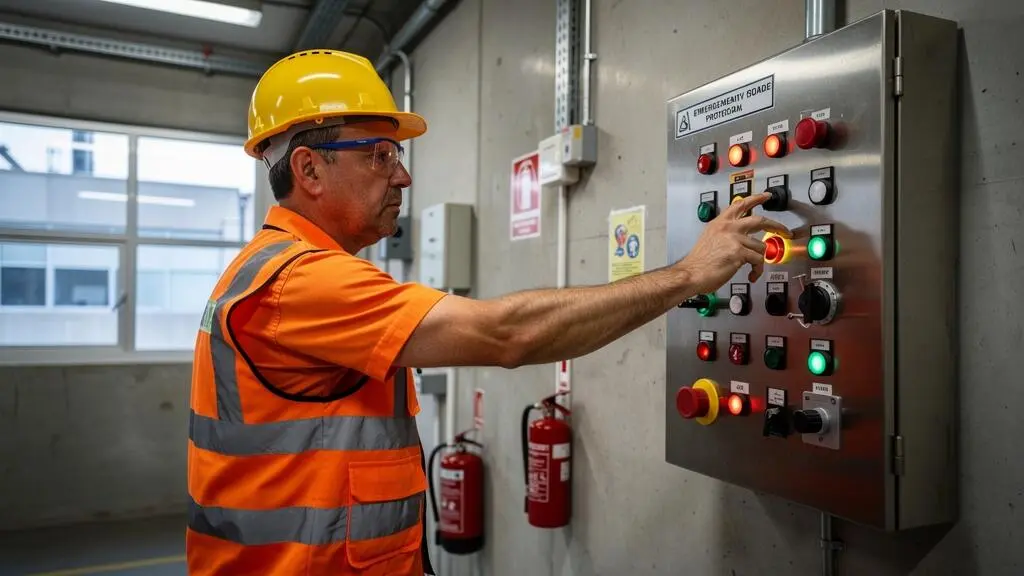 Supervisor industrial activando protocolos de seguridad en panel de control durante alerta de tormenta eléctrica