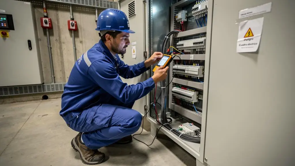 Ingeniero de seguridad inspeccionando instalación eléctrica con dispositivo de medición en planta industrial