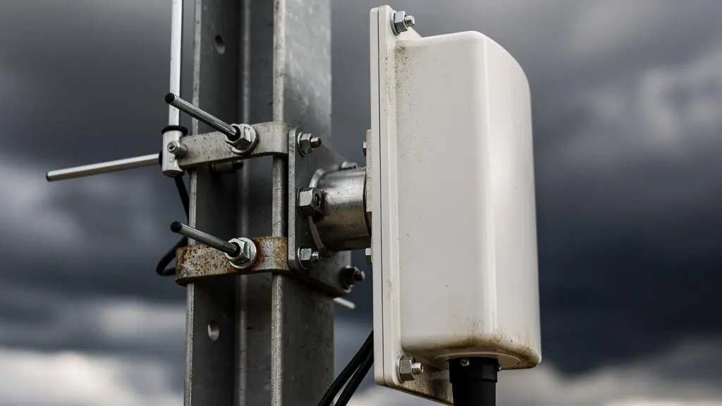 Detalle de sensor de detección de tormentas eléctricas instalado en instalación industrial