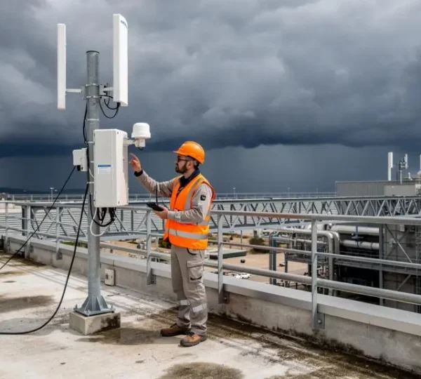 Técnico de seguridad inspeccionando sensor de detección de rayos instalado en el techo de planta industrial con nubes de tormenta aproximándose