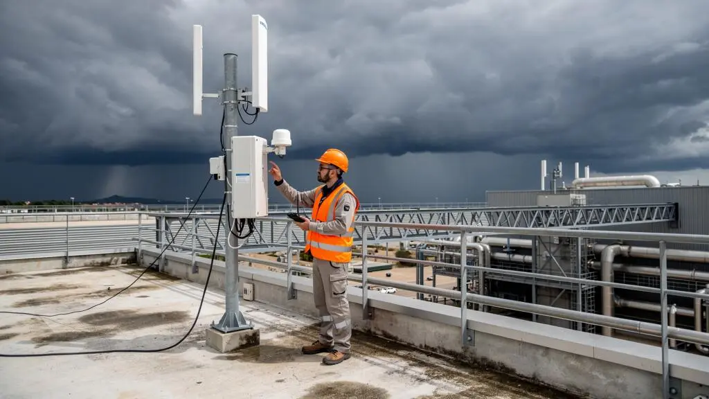 Técnico de seguridad inspeccionando sensor de detección de rayos instalado en el techo de planta industrial con nubes de tormenta aproximándose
